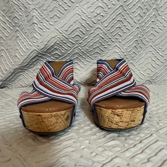 Crown Vintage Multicolor Sandals Womens 8M Crisscross Wedge Cork Fabric Summer - Picture 4 of 7